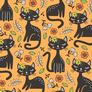 Black Cats & Flowers on Orange