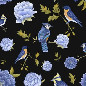 Blue and Black Elegant Flowers and Birds