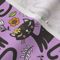 Black Cats & Flowers on Light Purple