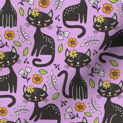 Black Cats & Flowers on Light Purple