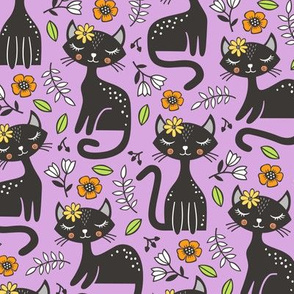 Black Cats & Flowers on Light Purple