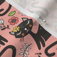 Black Cats & Flowers on Warm Pink