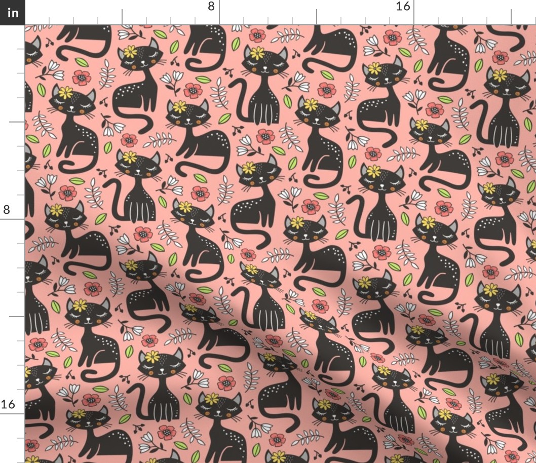 Black Cats & Flowers on Warm Pink