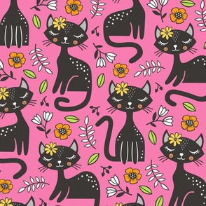 Black Cats & Flowers on Dark Pink