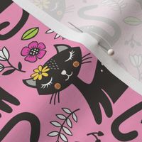 Black Cats & Flowers on Pink