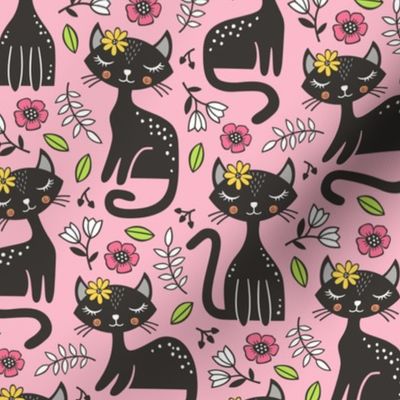Black Cats & Flowers on Light Pink