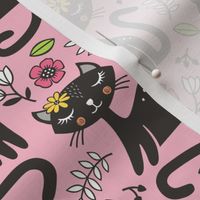 Black Cats & Flowers on Light Pink