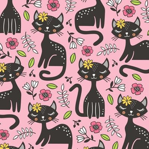 Black Cats & Flowers on Light Pink