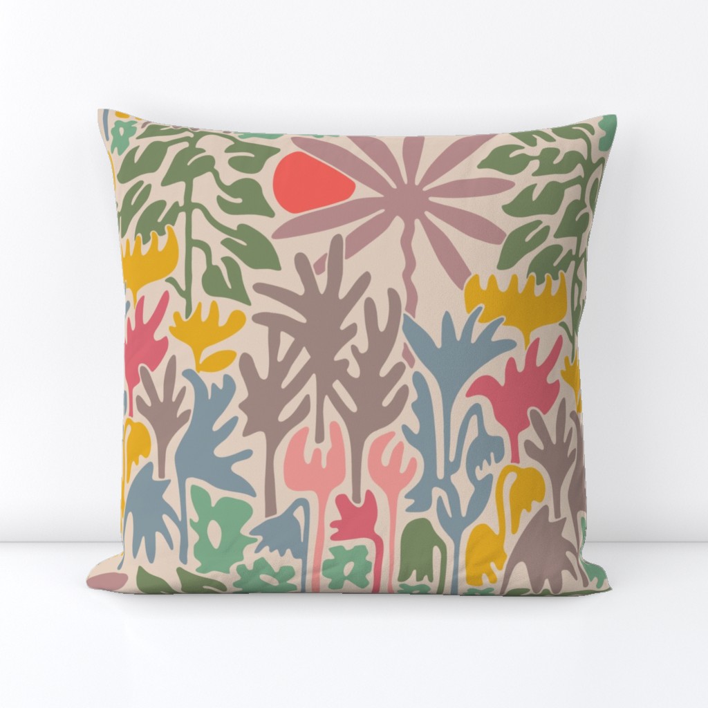 Eden Floral Botanical Tropical Abstract Garden with Retro Palm Trees Flowers Sun - SMALL Scale REPEAT Pink Orange Blue Green Gray - UnBlink Studio Jackie Tahara