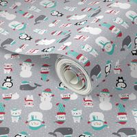 tiny snow cuties grey :: cheeky christmas baby animals seals, stockings, bears, whales, penguins, snowpeople, winter hats, scarves, mittens and glasses for children, boys, girls, snowy dots - cute pjs pyjamas pajamas pattern