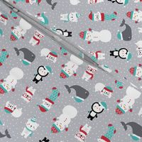 tiny snow cuties grey :: cheeky christmas baby animals seals, stockings, bears, whales, penguins, snowpeople, winter hats, scarves, mittens and glasses for children, boys, girls, snowy dots - cute pjs pyjamas pajamas pattern