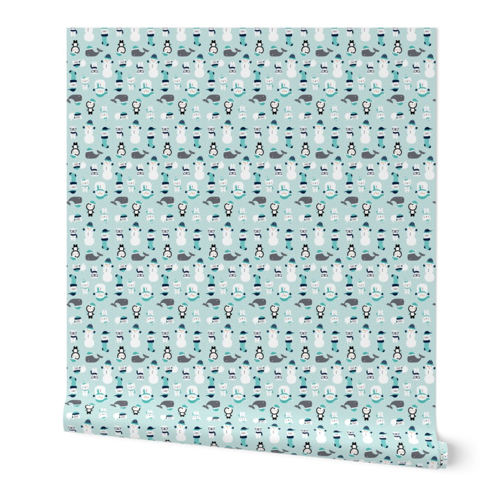 tiny snow cuties light teal :: cheeky christmas baby animals seals, stockings, bears, whales, penguins, snowpeople, winter hats, scarves, mittens and glasses for children, boys, girls, snowy dots - cute pjs pyjamas pajamas pattern