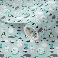 tiny snow cuties light teal :: cheeky christmas baby animals seals, stockings, bears, whales, penguins, snowpeople, winter hats, scarves, mittens and glasses for children, boys, girls, snowy dots - cute pjs pyjamas pajamas pattern