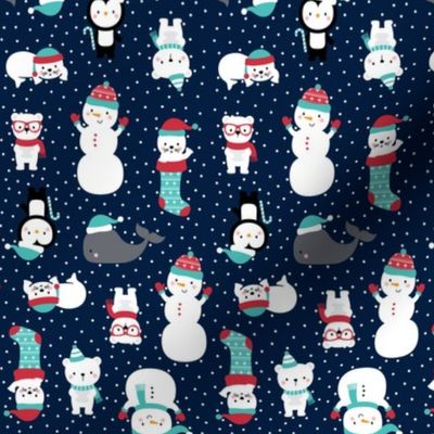 tiny snow cuties navy blue :: cheeky christmas baby animals seals, stockings, bears, whales, penguins, snowpeople, winter hats, scarves, mittens and glasses for children, boys, girls, snowy dots - cute pjs pyjamas pajamas pattern