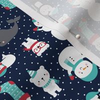tiny snow cuties navy blue :: cheeky christmas baby animals seals, stockings, bears, whales, penguins, snowpeople, winter hats, scarves, mittens and glasses for children, boys, girls, snowy dots - cute pjs pyjamas pajamas pattern