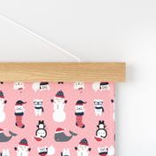 tiny snow cuties pink :: cheeky christmas baby animals seals, stockings, bears, whales, penguins, snowpeople, winter hats, scarves, mittens and glasses for children, boys, girls, snowy dots - cute pjs pyjamas pajamas pattern