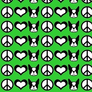 Boston Terriers - peace love and bostons on lime green