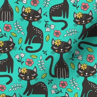 Black Cats & Flowers on Green