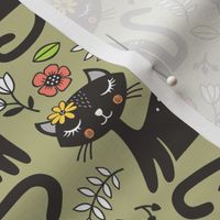 Black Cats & Flowers on Olive Green