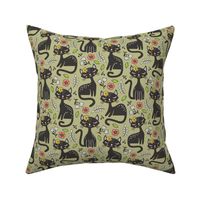 Black Cats & Flowers on Olive Green