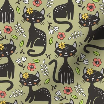 Black Cats & Flowers on Olive Green