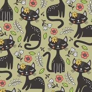Black Cats & Flowers on Olive Green