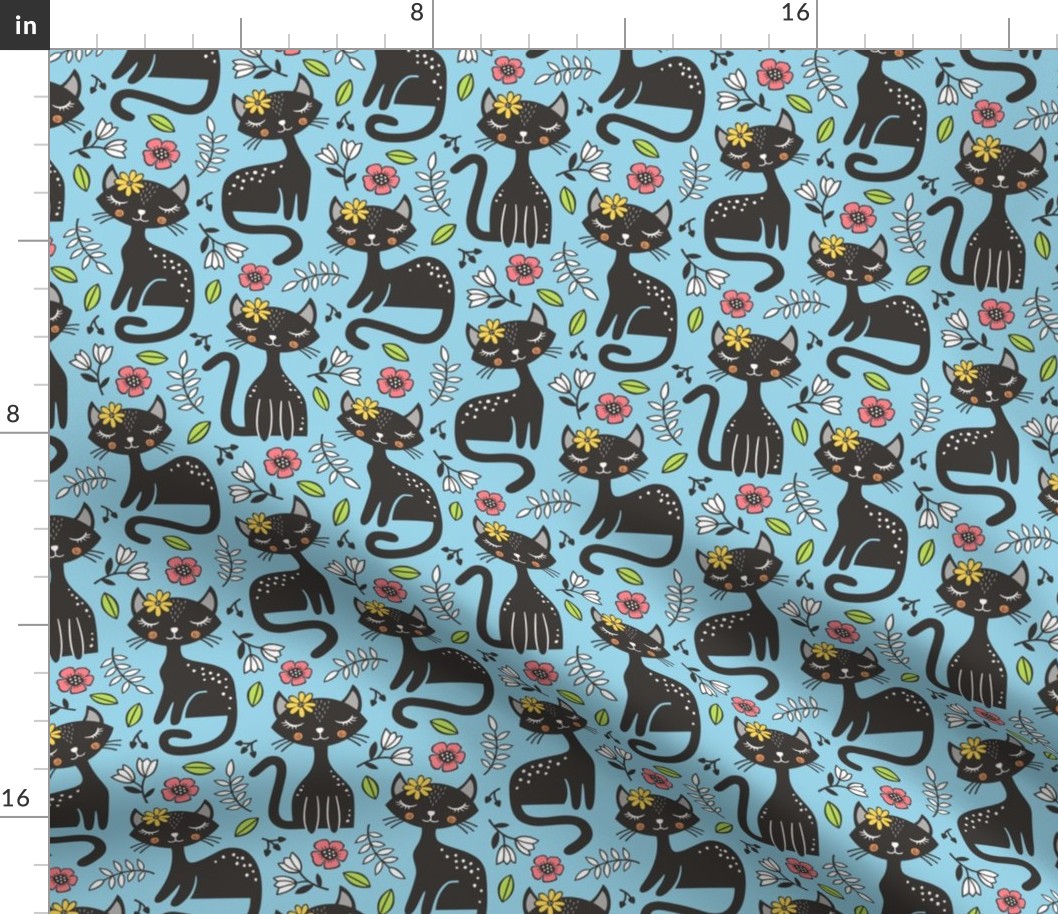 Black Cats & Flowers on Light Blue