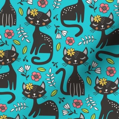 Black Cats & Flowers on Blue