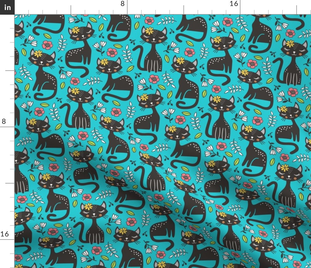 Black Cats & Flowers on Blue