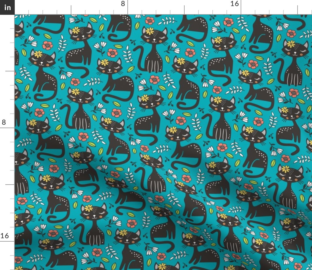 Black Cats & Flowers on Dark Blue