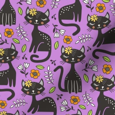 Black Cats & Flowers on Purple