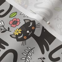 Black Cats & Flowers on Light Grey