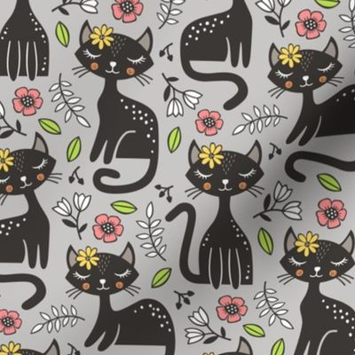 Black Cats & Flowers on Light Grey