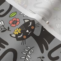 Black Cats & Flowers on Grey