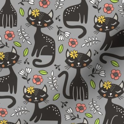 Black Cats & Flowers on Grey