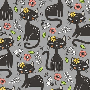 Black Cats & Flowers on Grey