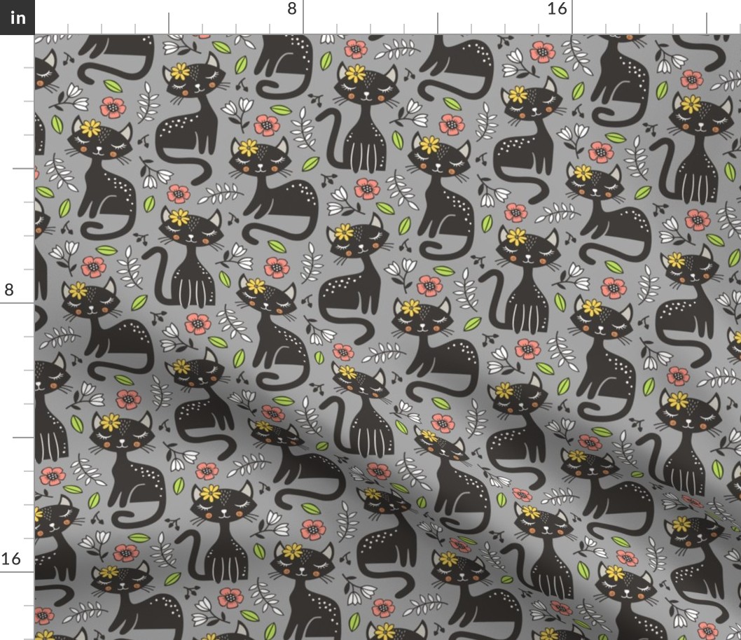 Black Cats & Flowers on Grey