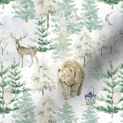 7" snowy winter woodland with forest animals 