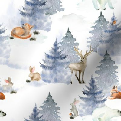 7" snowy winter woodland with forest animals  