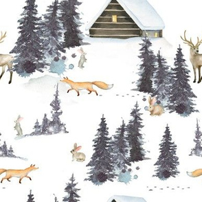 7"  snowy winter woodland with forest animals 