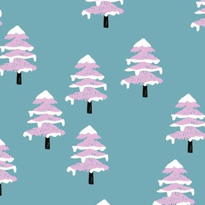 Woodland forest adventures snow winter wonderlands Christmas trees pine trees woods stone blue pink