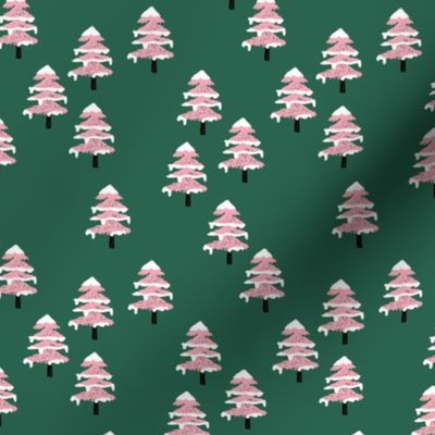 Woodland forest adventures snow winter wonderlands Christmas trees pine trees woods deep green pink SMALL