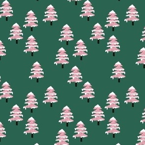 Woodland forest adventures snow winter wonderlands Christmas trees pine trees woods deep green pink SMALL