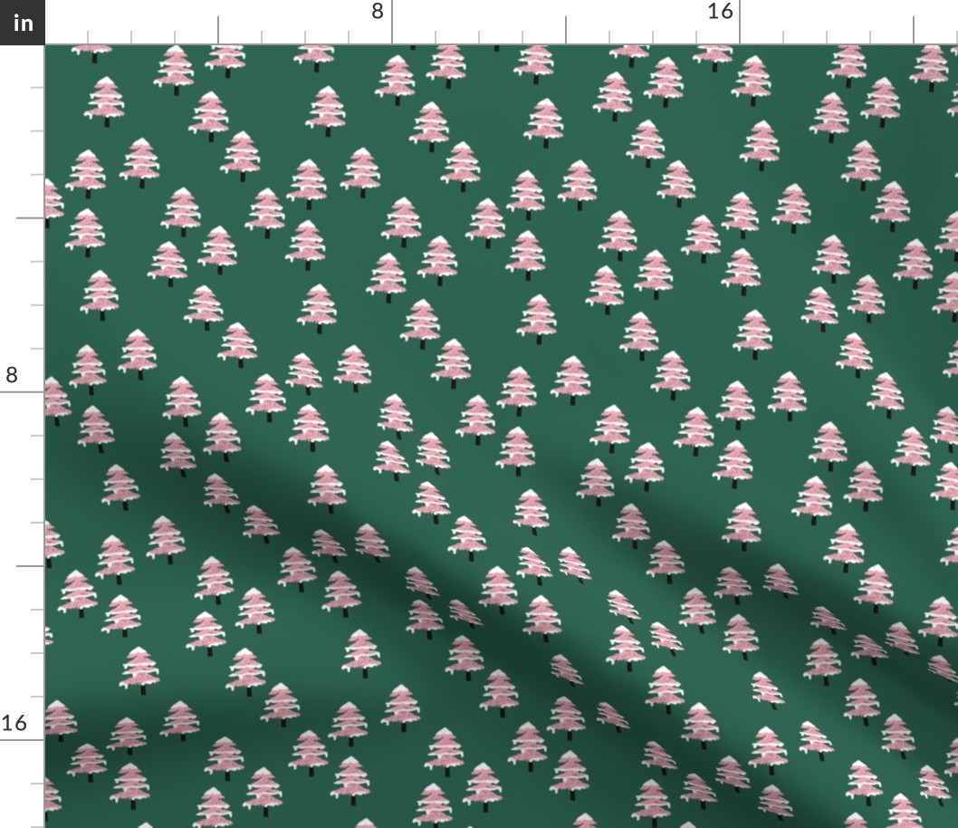 Woodland forest adventures snow winter wonderlands Christmas trees pine trees woods deep green pink SMALL