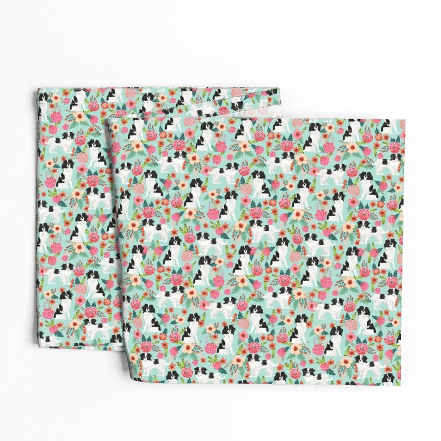 japanese chin dog japanese spaniel cute florals les fleurs fabric mint dog fabric with flowers cute dog design japanese lap dog toy breed fabric