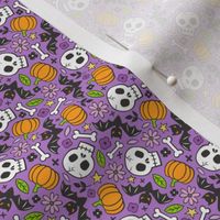 Skulls,Flowers,Pumpkins and Bats Halloween Fall Doodle on Purple Tiny Small Rotated