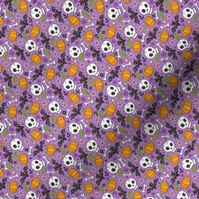 Skulls,Flowers,Pumpkins and Bats Halloween Fall Doodle on Purple Tiny Small Rotated