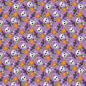 Skulls,Flowers,Pumpkins and Bats Halloween Fall Doodle on Purple Tiny Small Rotated