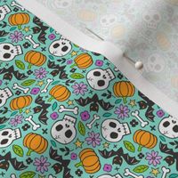 Skulls,Flowers,Pumpkins and Bats Halloween Fall Doodle on Mint Green Tiny Small Rotated