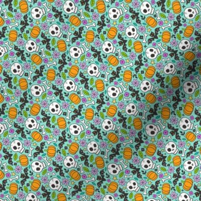 Skulls,Flowers,Pumpkins and Bats Halloween Fall Doodle on Mint Green Tiny Small Rotated